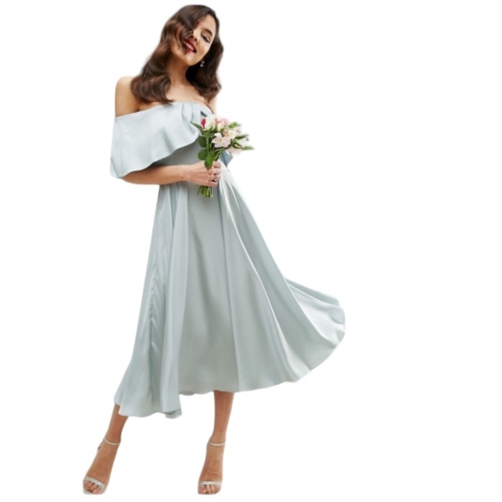 ASOS NEW Sage Green Sleeveless Ruffle Trim Lined A-Line Midi Dress Size 8